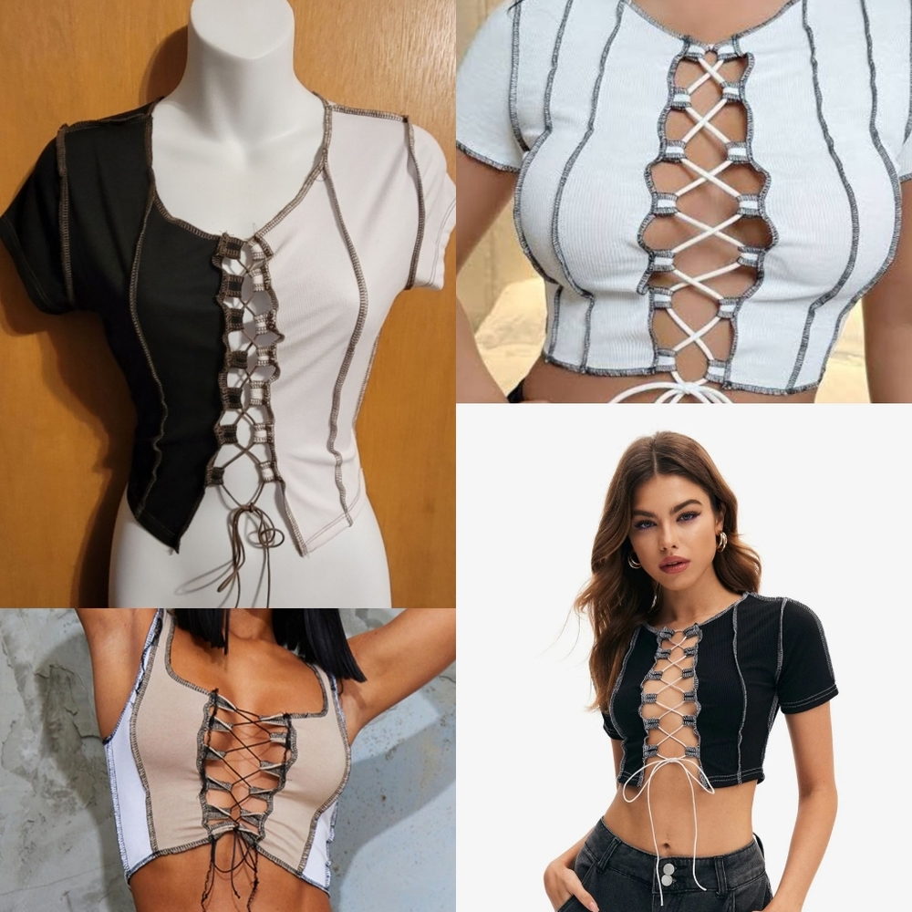 NWOT Y2K Style Lace-up Two Tone Top-stitching Hem Top